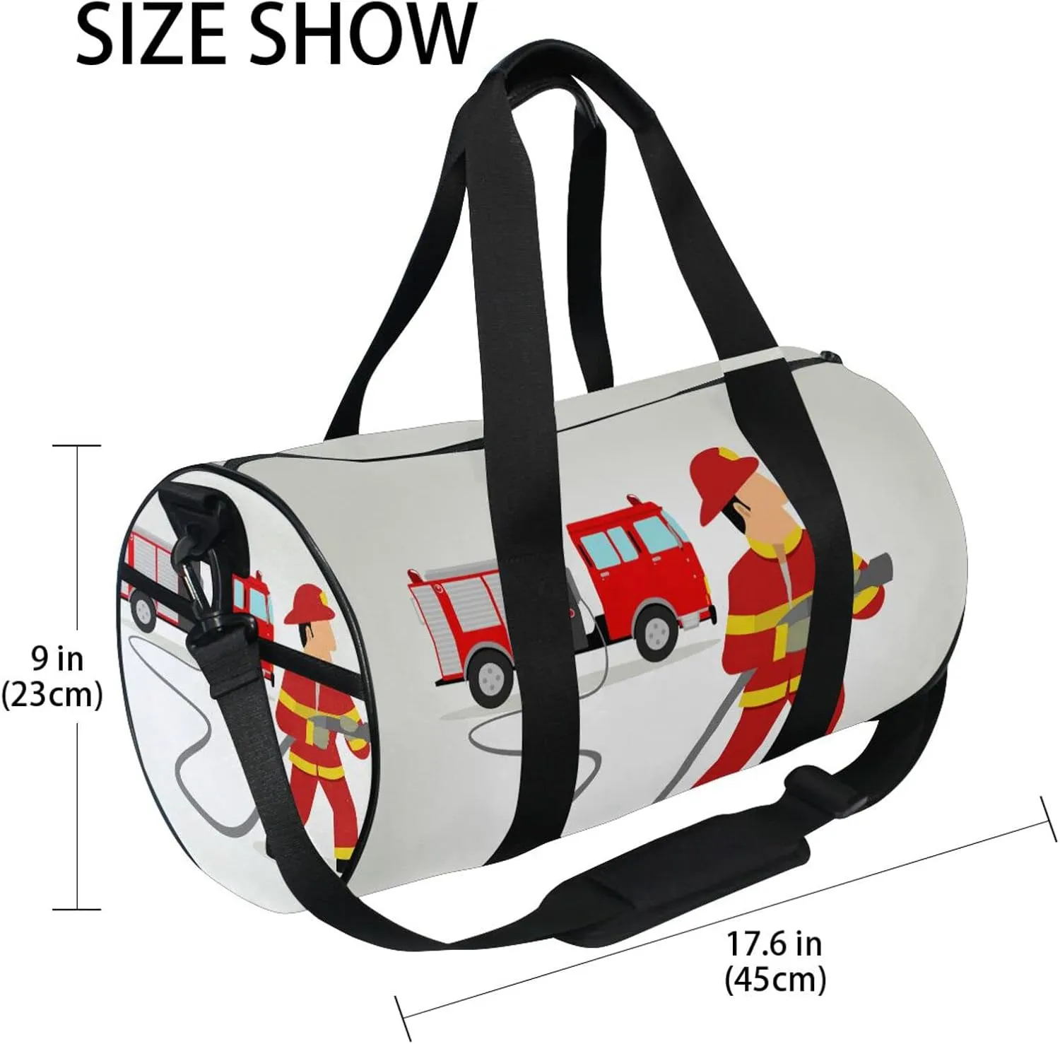 Firefighter Dress in Red Car Cartoon Illustration Duffel Bag, Foldable Canvas Travel Tote for Gym Sports with Inner Pockets, Durable Lightweight Fitness Bag for Overnight Workout