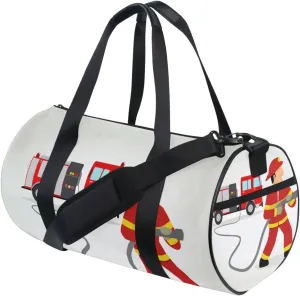 Firefighter Dress in Red Car Cartoon Illustration Duffel Bag, Foldable Canvas Travel Tote for Gym Sports with Inner Pockets, Durable Lightweight Fitness Bag for Overnight Workout