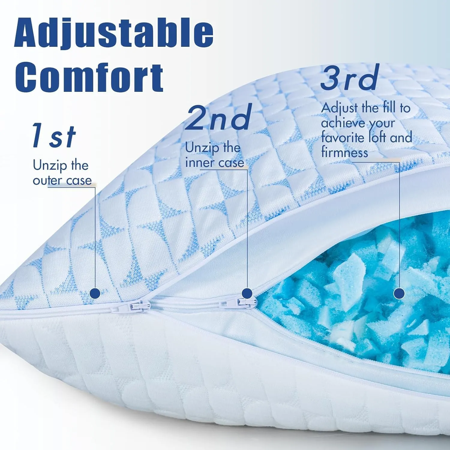 Firm Cooling Pillows for Sleeing, Shredded Memory Foam(Adjustable Loft) Pillow for Side Back Stomach Sleepers, Supportive Gel Pillow with Washable Cover, Queen Size, Gift for Parents or Couples