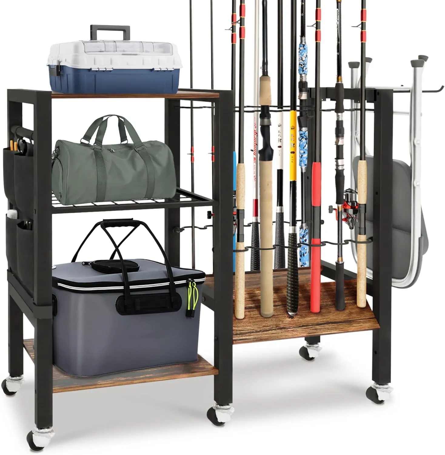 Fishing Rod Holders, Fishing Gear 3 Tier Fishing Equipment Organizers, Fishing Pole Holders for Garage, Fishing Rod Tackle Cart Holds up to 12 rods