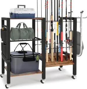 Fishing Rod Holders, Fishing Gear 3 Tier Fishing Equipment Organizers, Fishing Pole Holders for Garage, Fishing Rod Tackle Cart Holds up to 12 rods