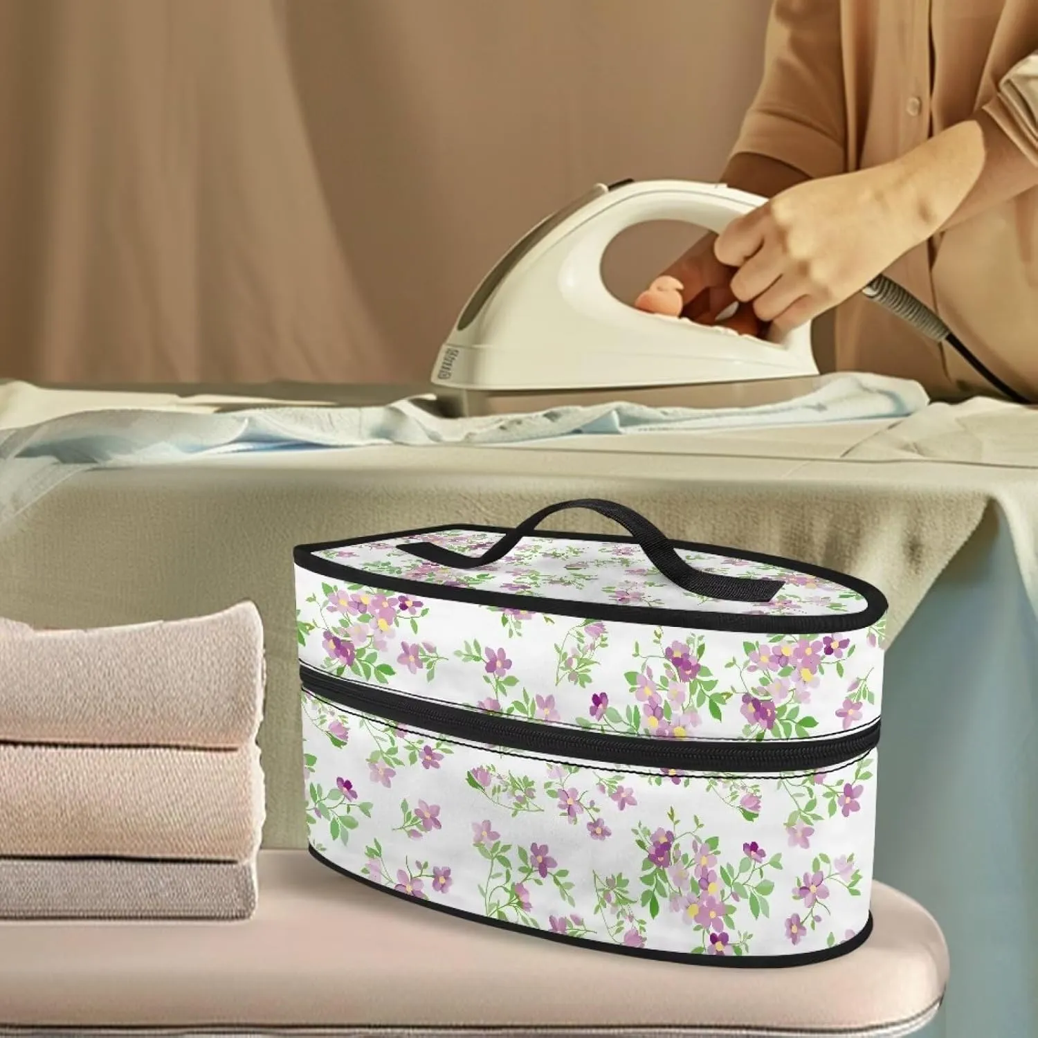 Floral Print Steam Iron Case Lightweight Steamer Organizer Portable Iron Storage Bag with Handle Zippered Travel Case Iron Accessories, Case Only