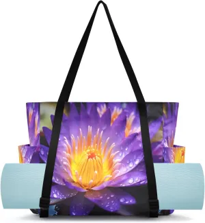 Flowers Purple Yoga Mat Bag Carrier with Wet Dry Storage Pockets Pilates Bag Large Gym Tote Carryall with Water Bottle Holder for Women Travel Beach Office