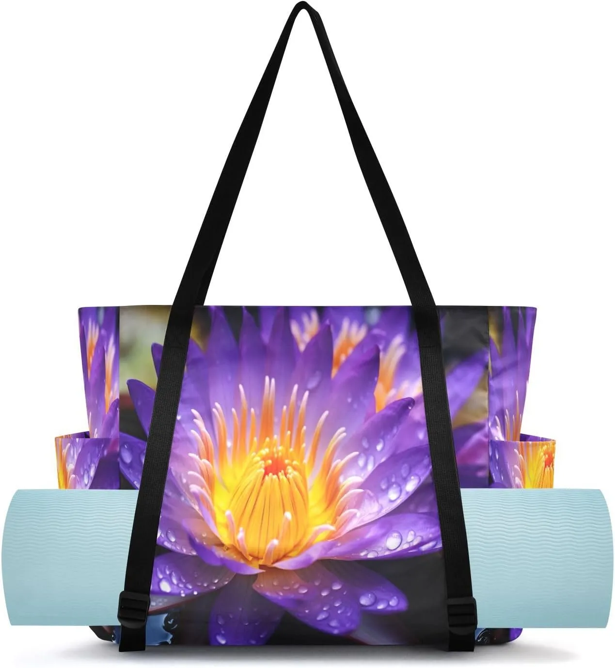 Flowers Purple Yoga Mat Bag Carrier with Wet Dry Storage Pockets Pilates Bag Large Gym Tote Carryall with Water Bottle Holder for Women Travel Beach Office