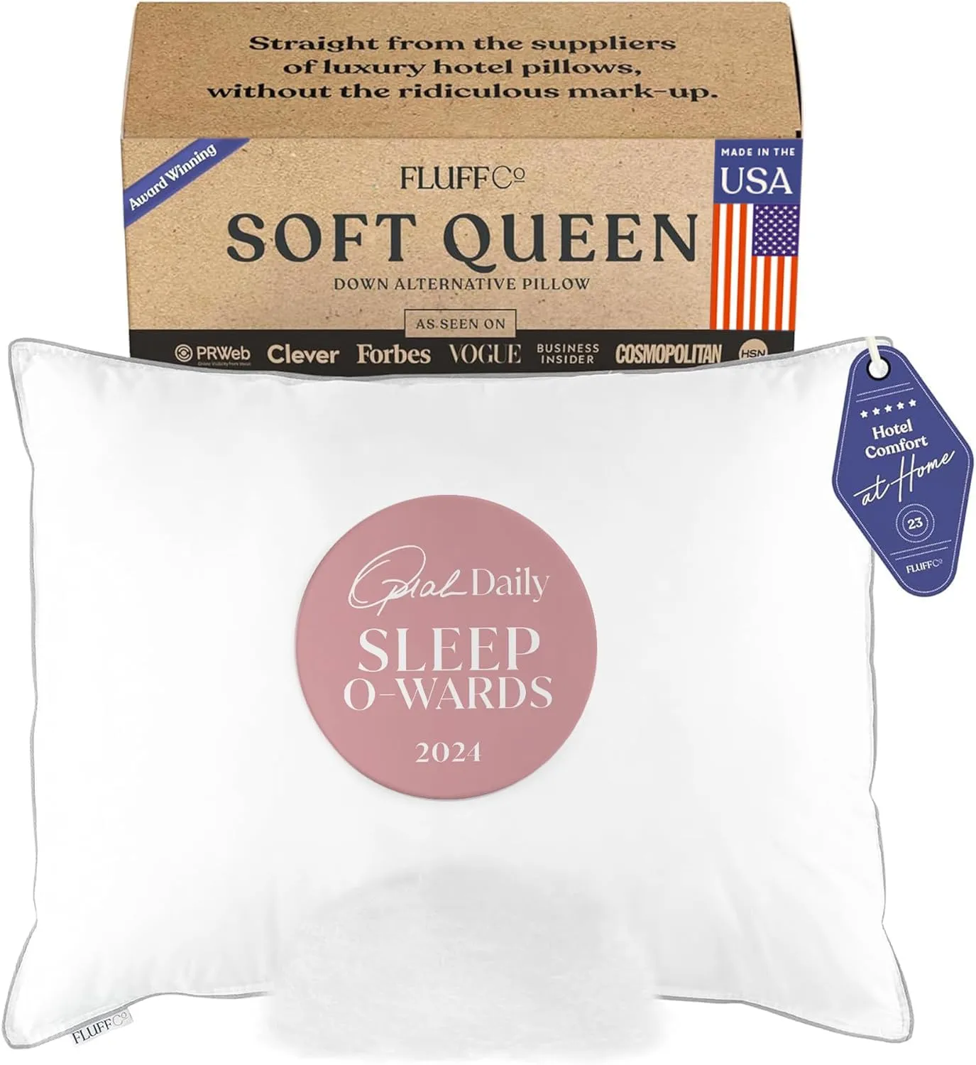 FluffCo Zen Fluff Pillows - Down Alternative Queen Size Pillow - Standard/Queen Bed Pillow for Sleeping Made in USA - Luxury Hotel Pillow - 100% Cotton 300 Thread Count (Soft Queen Size 1 Pack)