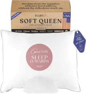 FluffCo Zen Fluff Pillows - Down Alternative Queen Size Pillow - Standard/Queen Bed Pillow for Sleeping Made in USA - Luxury Hotel Pillow - 100% Cotton 300 Thread Count (Soft Queen Size 1 Pack)