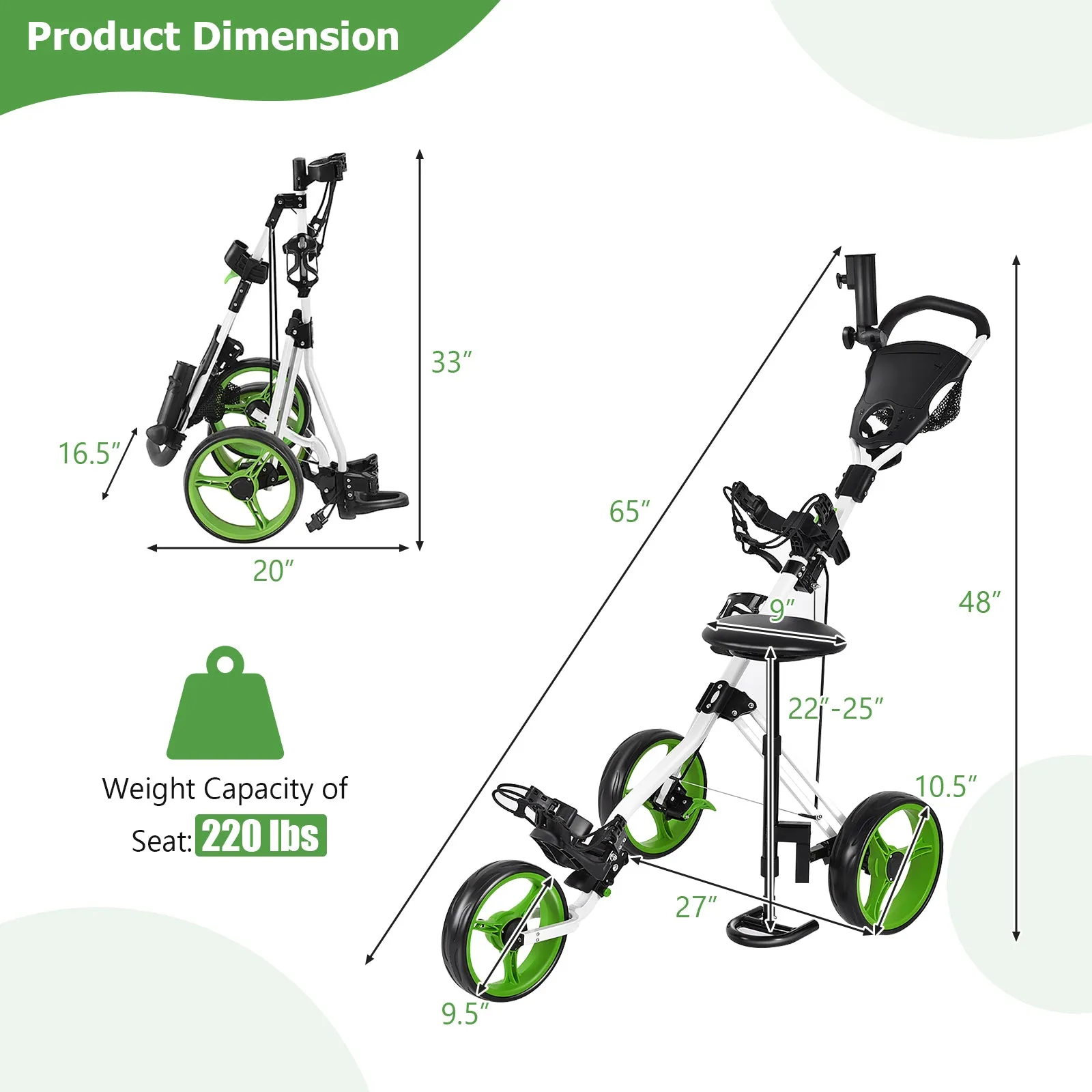 Foldable 3 Wheels Push Pull Golf Trolley with Scoreboard Bag-Green