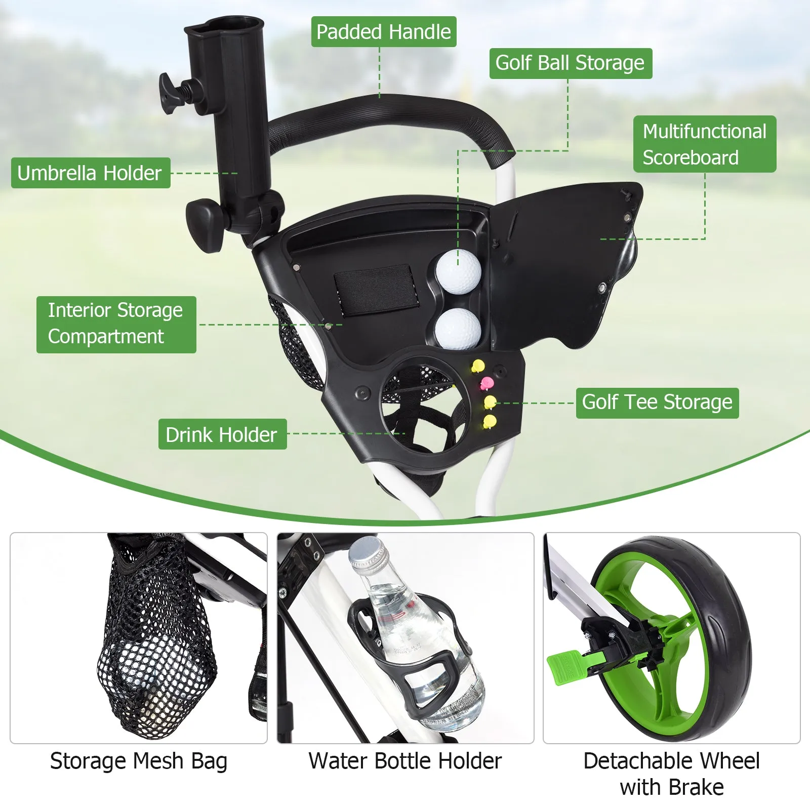 Foldable 3 Wheels Push Pull Golf Trolley with Scoreboard Bag-Green