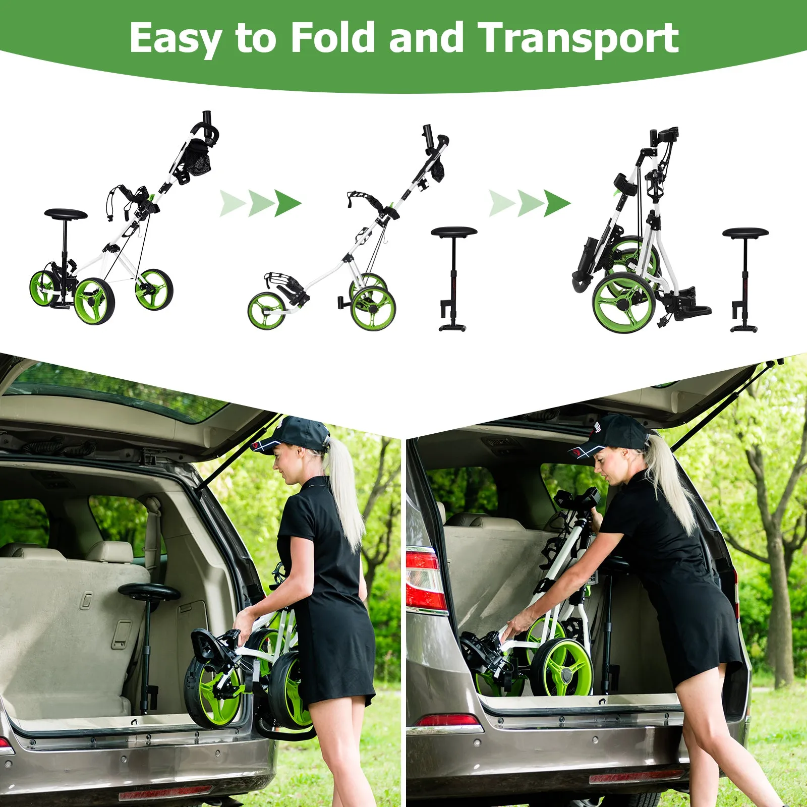 Foldable 3 Wheels Push Pull Golf Trolley with Scoreboard Bag-Green