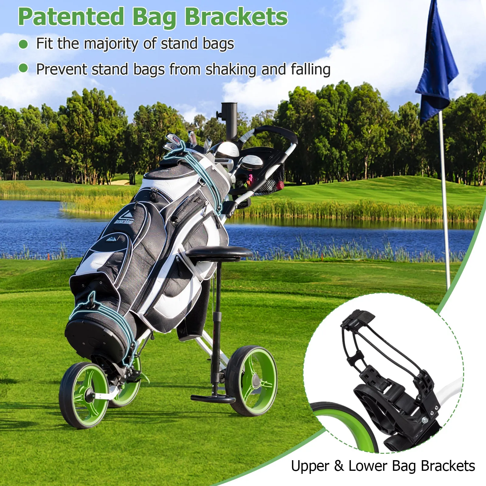 Foldable 3 Wheels Push Pull Golf Trolley with Scoreboard Bag-Green