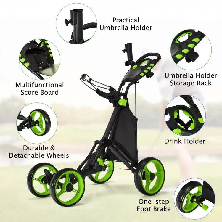Foldable 4-Wheel Golf Push Cart with Shock Absorption and Durable Design