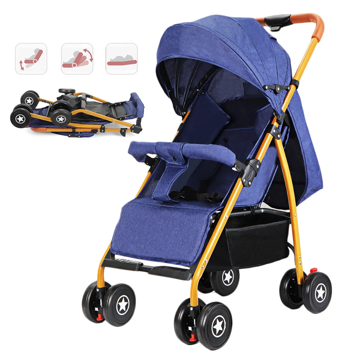 Foldable Baby Stroller Waterproof Three Angle Adjustment Baby Cart High-view Reclining Stroller