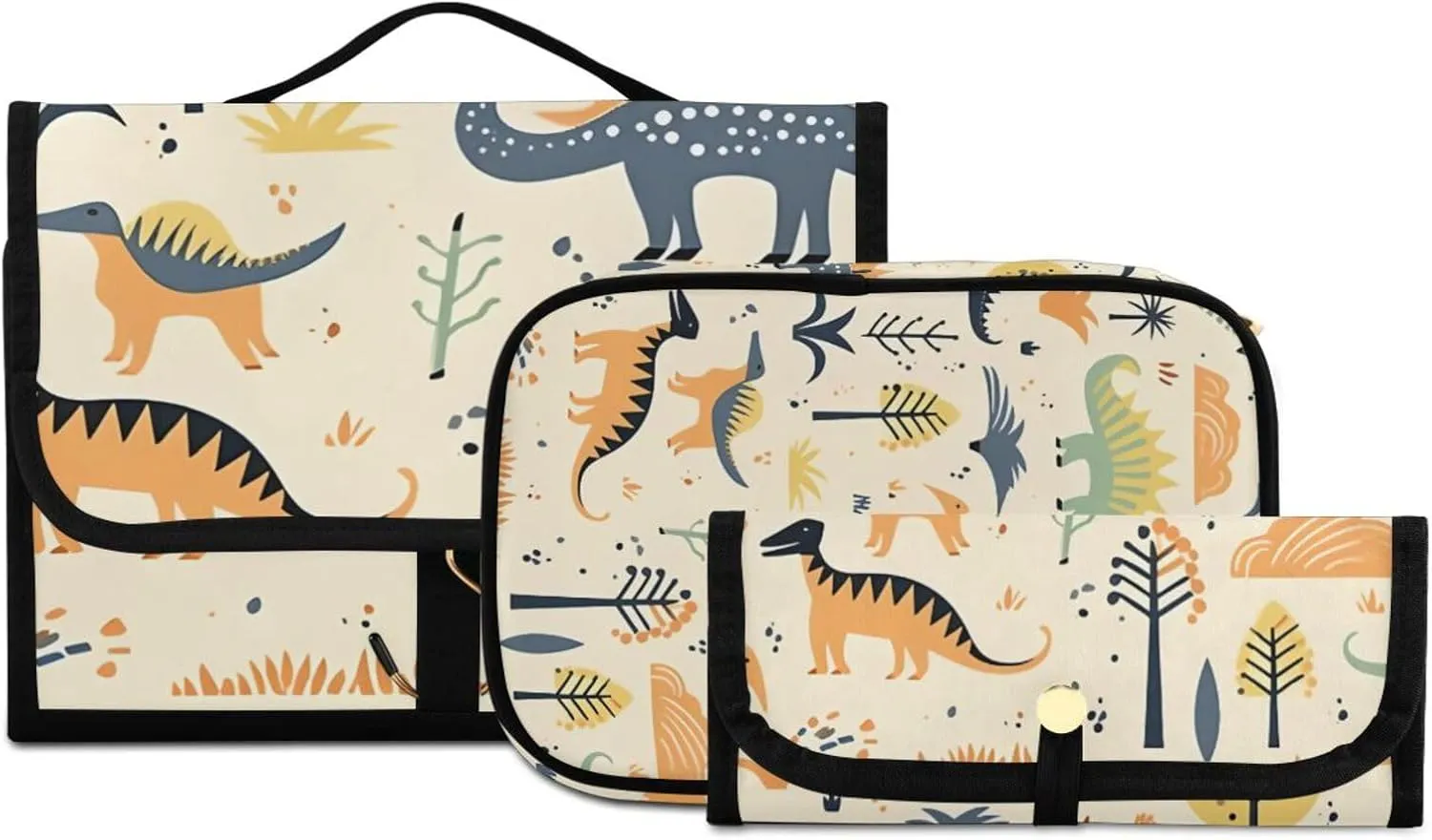 Foldable Hanging Travel Toiletry Organizer Set 3-Piece with Cosmetic Bag & Brush Holder - Cute Dinosaur (4)