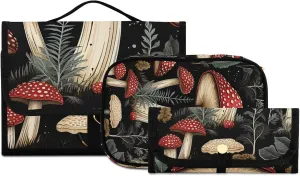 Foldable Hanging Travel Toiletry Organizer Set 3-Piece with Cosmetic Bag & Brush Holder - Cute Mushroom (2)