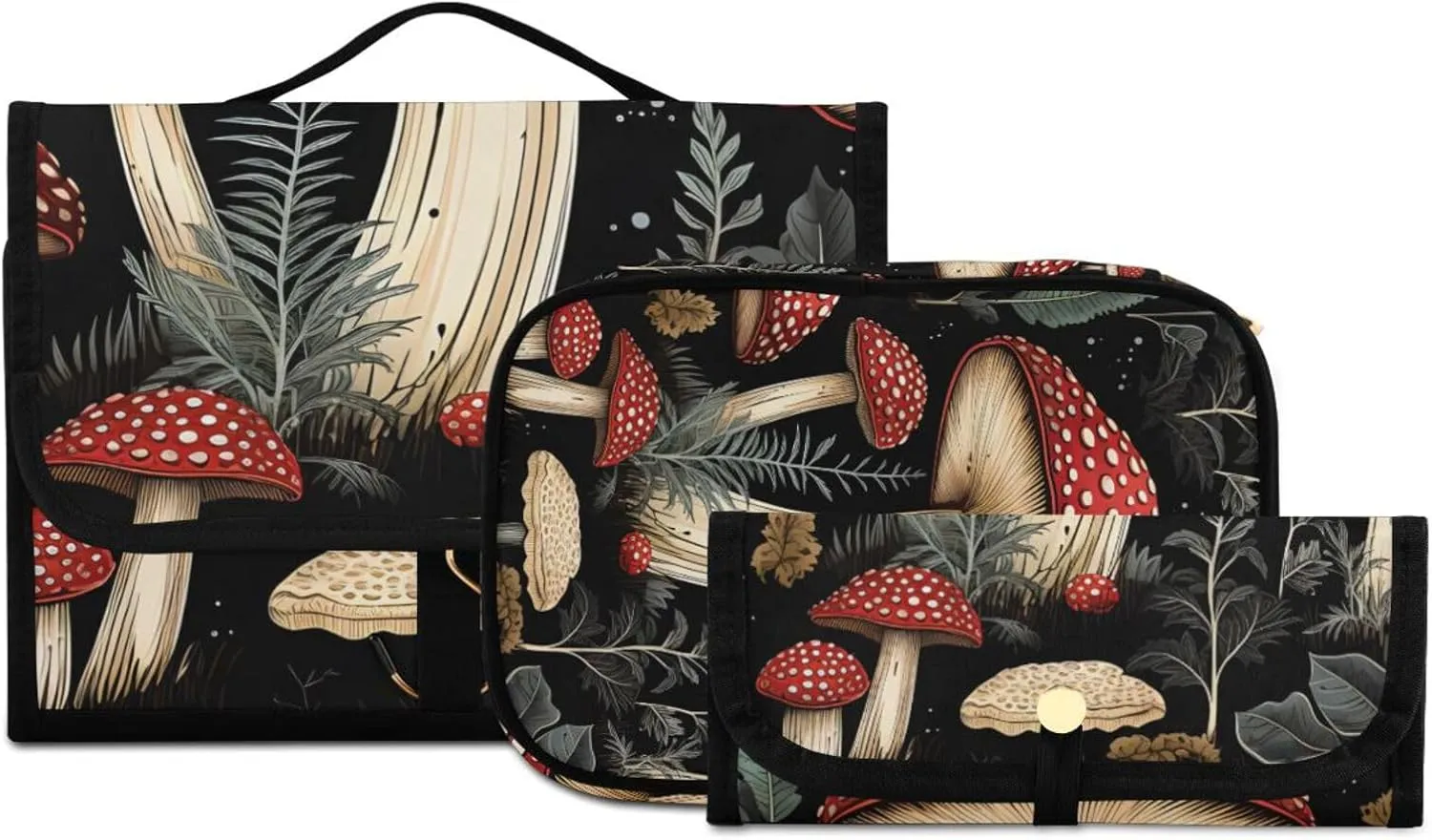 Foldable Hanging Travel Toiletry Organizer Set 3-Piece with Cosmetic Bag & Brush Holder - Cute Mushroom (2)