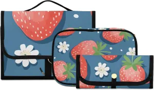 Foldable Hanging Travel Toiletry Organizer Set 3-Piece with Cosmetic Bag & Brush Holder - Cute Strawberry (3)