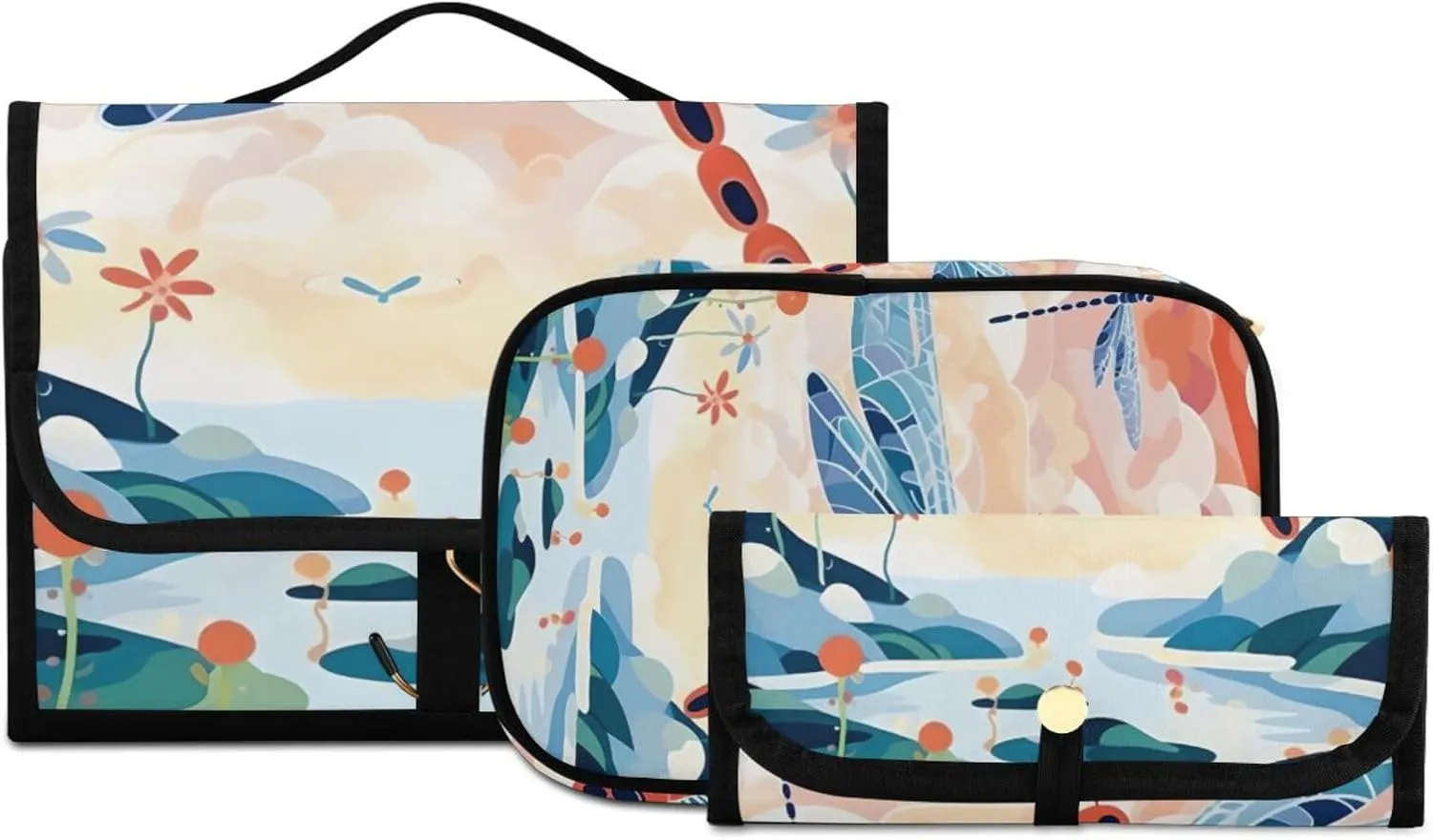 Foldable Hanging Travel Toiletry Organizer Set 3-Piece with Cosmetic Bag & Brush Holder - Dragonfly (11)
