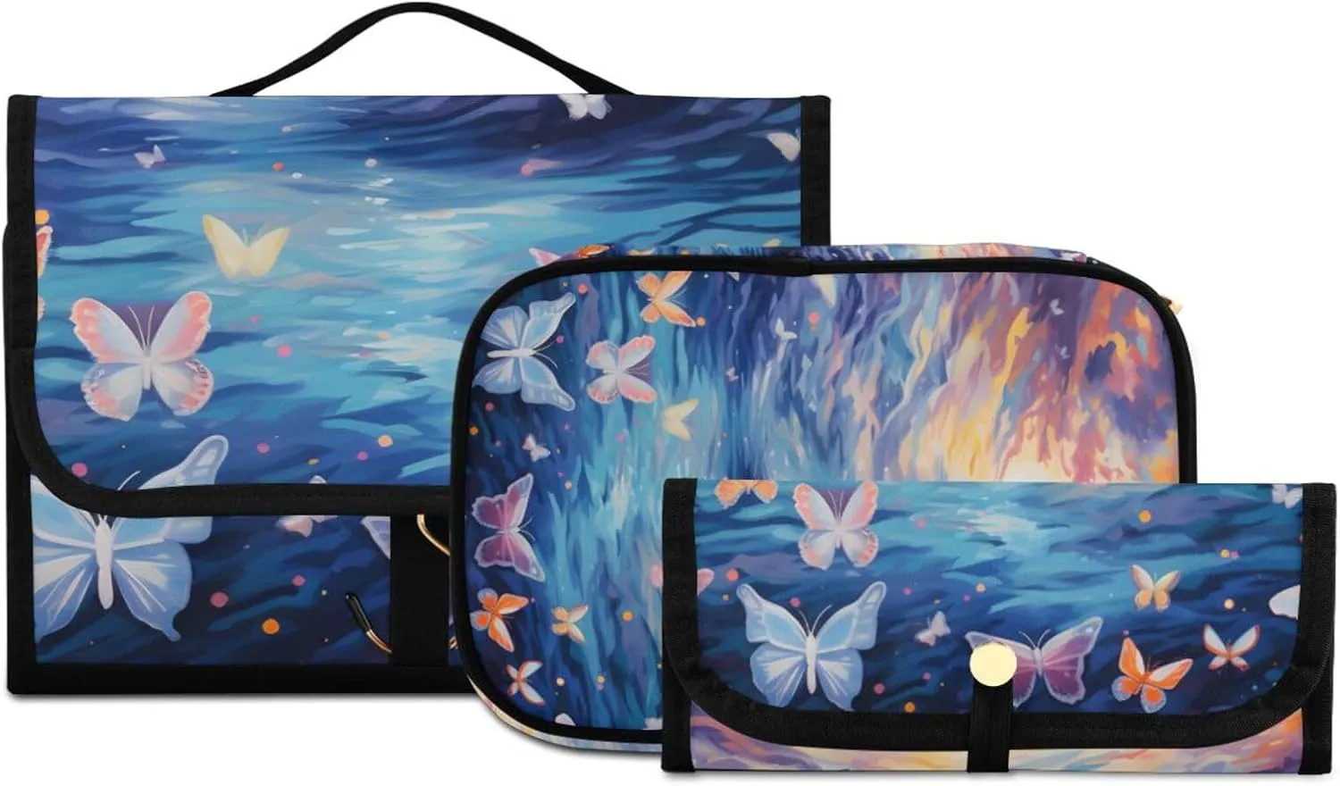 Foldable Hanging Travel Toiletry Organizer Set 3-Piece with Cosmetic Bag & Brush Holder - Fantasy Starry Sky Butterfly (2)