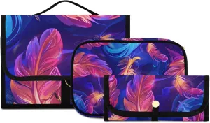 Foldable Hanging Travel Toiletry Organizer Set 3-Piece with Cosmetic Bag & Brush Holder - Feather (5)