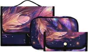 Foldable Hanging Travel Toiletry Organizer Set 3-Piece with Cosmetic Bag & Brush Holder - Feathers under The Stars
