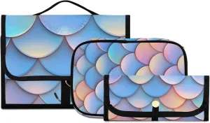 Foldable Hanging Travel Toiletry Organizer Set 3-Piece with Cosmetic Bag & Brush Holder - Fish Scale Pattern