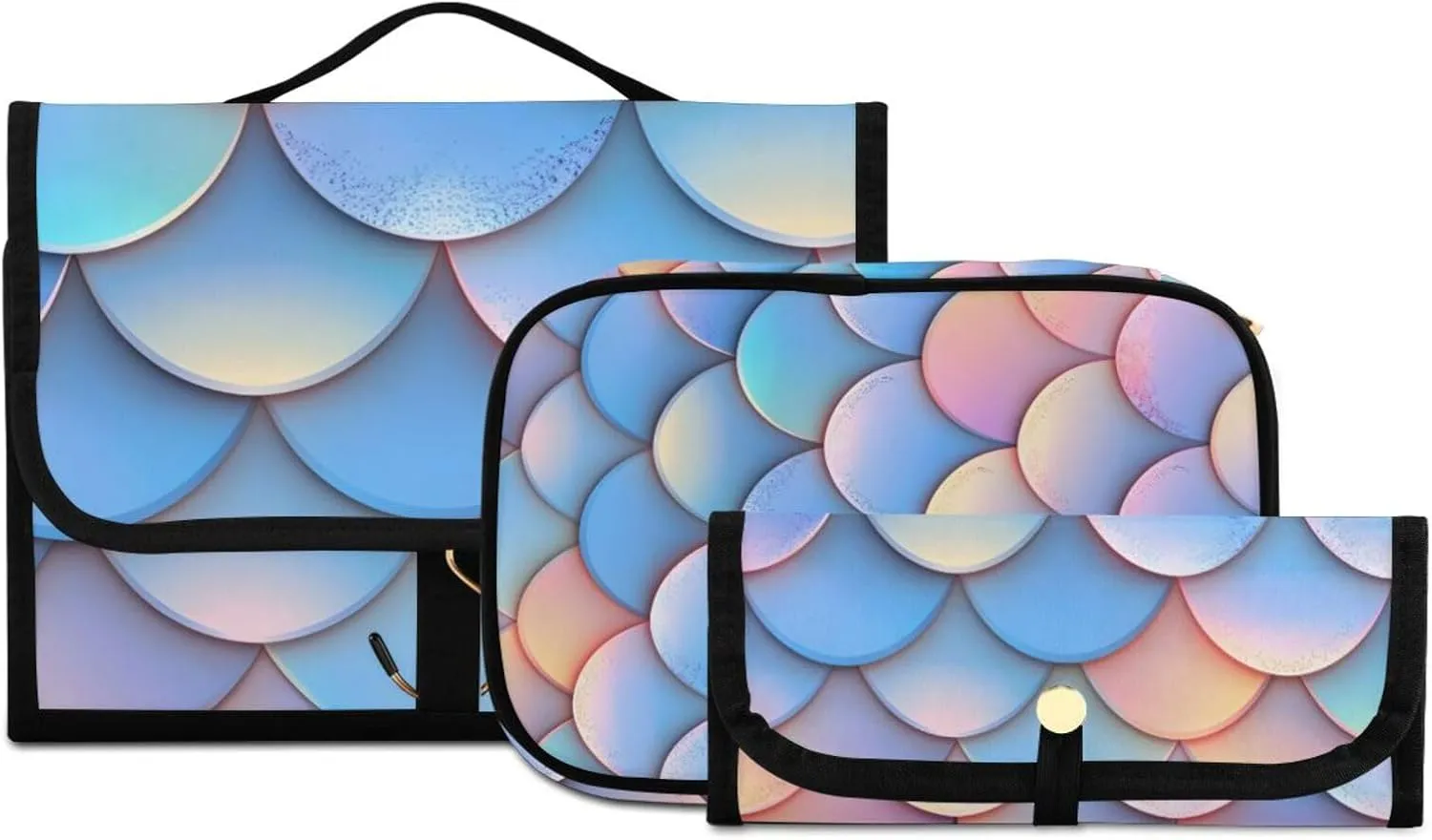 Foldable Hanging Travel Toiletry Organizer Set 3-Piece with Cosmetic Bag & Brush Holder - Fish Scale Pattern