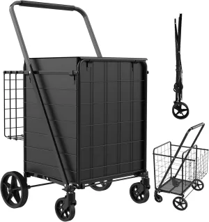 Foldable Shopping Cart with Waterproof Bag, 360° Swivel Wheels & Double Basket, 300lbs Capacity for Groceries, Heavy Duty Utility Grocery Carts for Shopping, Laundry, Camping, Luggage