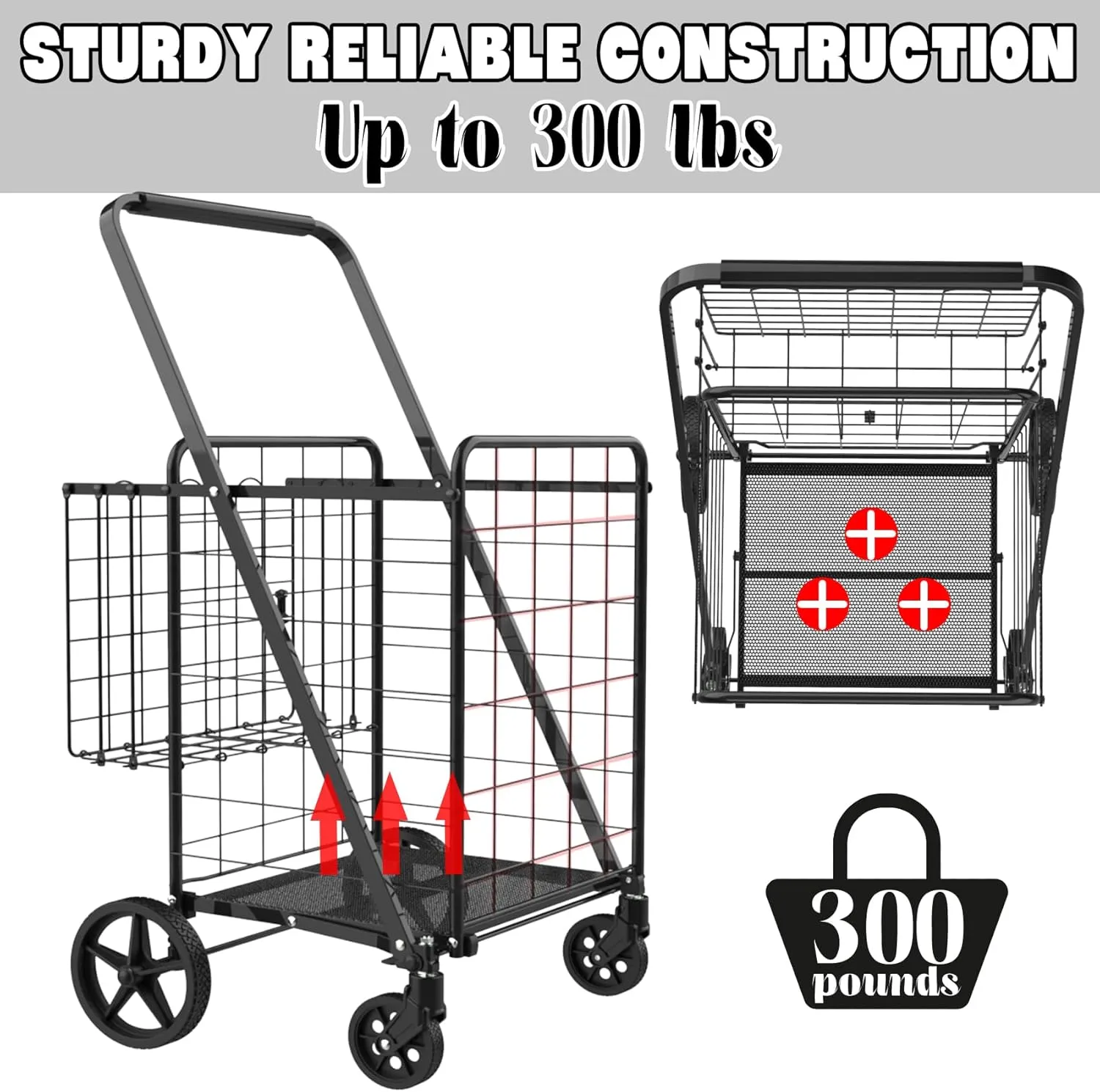 Foldable Shopping Cart with Waterproof Bag, 360° Swivel Wheels & Double Basket, 300lbs Capacity for Groceries, Heavy Duty Utility Grocery Carts for Shopping, Laundry, Camping, Luggage