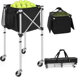 Foldable Tennis Ball Cart Holds 150-180 Balls Wheeled Tennis Ball Hopper Sports Teaching Carts with Storage Bag, Light Auminum Alloy