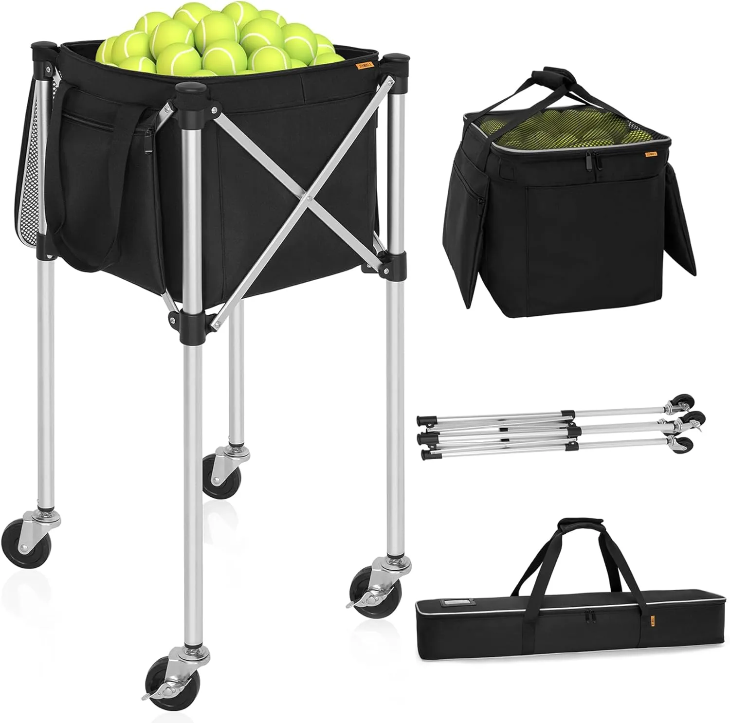 Foldable Tennis Ball Cart Holds 180 Balls Wheeled Tennis Ball Hopper Sports Teaching Carts with Storage Bag, Light Auminum Alloy