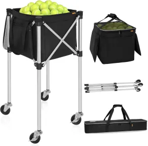 Foldable Tennis Ball Cart Holds 180 Balls Wheeled Tennis Ball Hopper Sports Teaching Carts with Storage Bag, Light Auminum Alloy