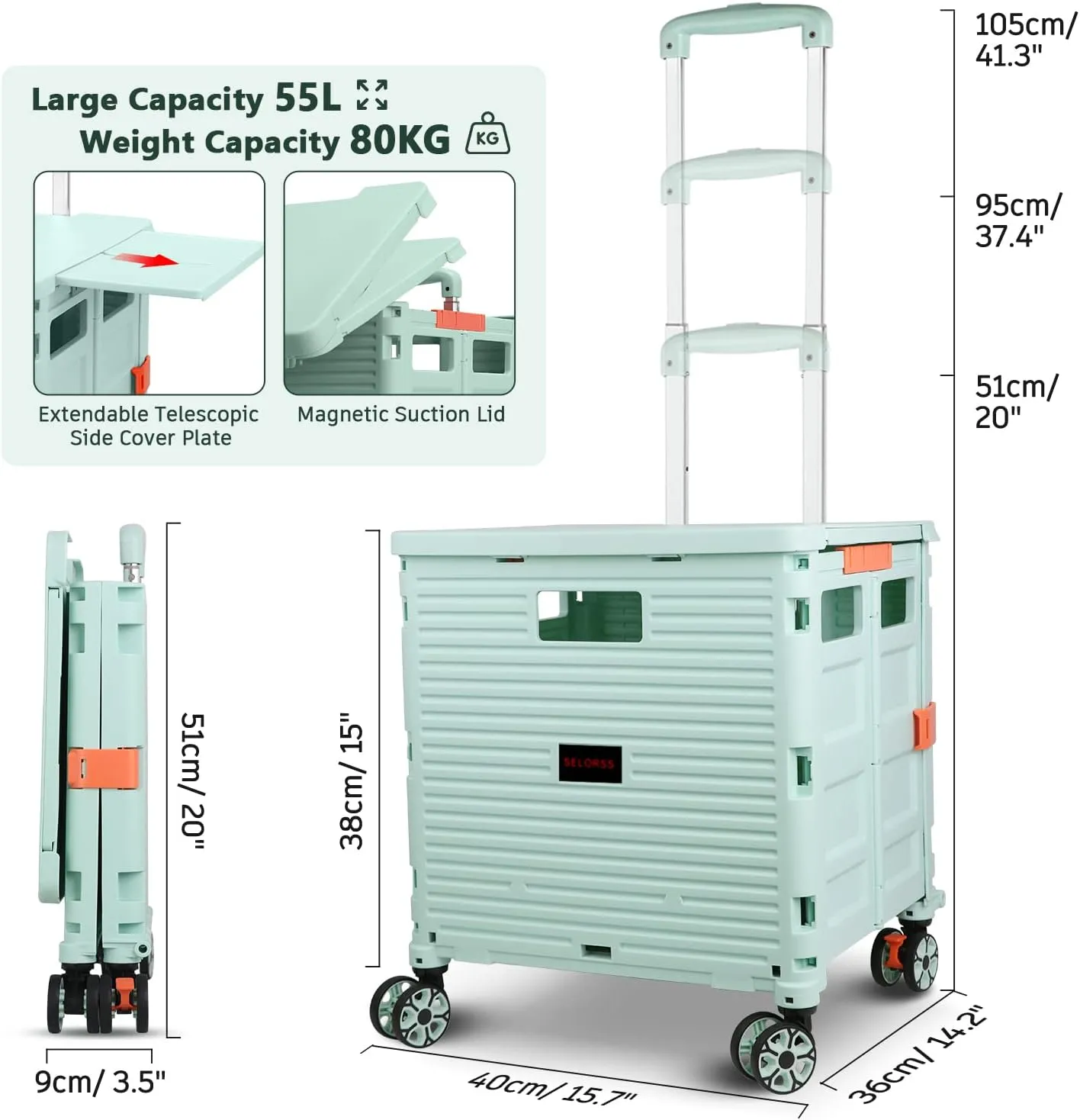 Foldable Utility Cart Collapsible Portable Crate Rolling Carts with Wheels Tote Basket with Magnetic Lid Telescopic Cover Wear-Resistant 360°Rotate Wheel Noiseless for Shopping Storage Office Use