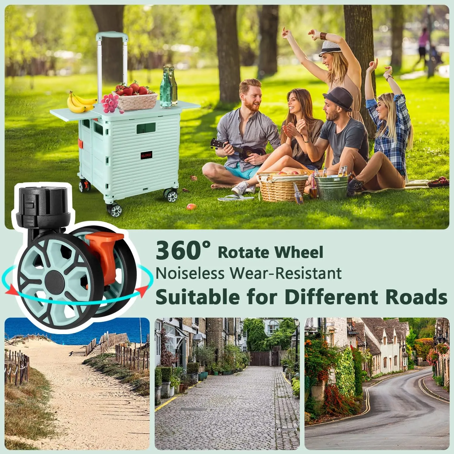 Foldable Utility Cart Collapsible Portable Crate Rolling Carts with Wheels Tote Basket with Magnetic Lid Telescopic Cover Wear-Resistant 360°Rotate Wheel Noiseless for Shopping Storage Office Use