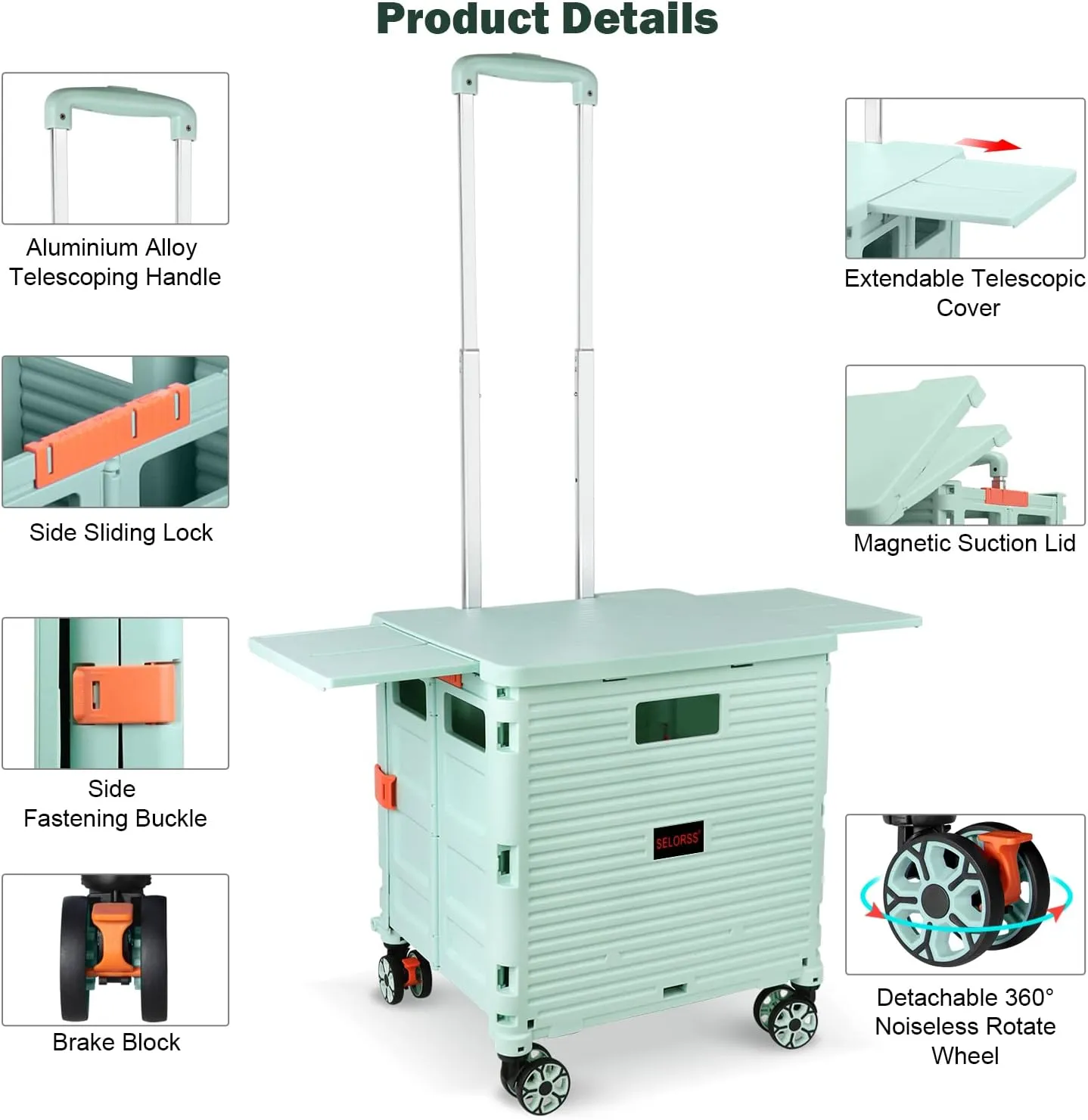 Foldable Utility Cart Collapsible Portable Crate Rolling Carts with Wheels Tote Basket with Magnetic Lid Telescopic Cover Wear-Resistant 360°Rotate Wheel Noiseless for Shopping Storage Office Use