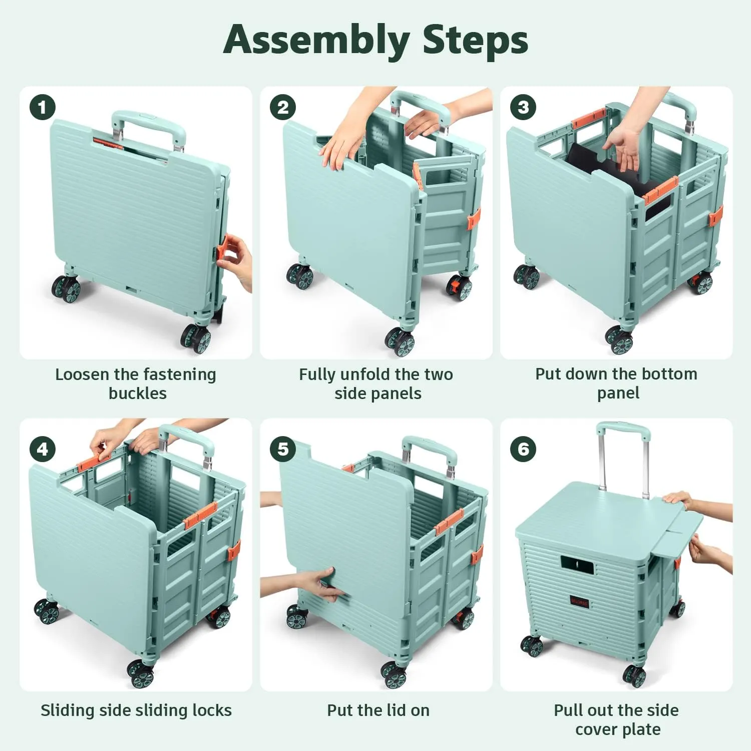 Foldable Utility Cart Collapsible Portable Crate Rolling Carts with Wheels Tote Basket with Magnetic Lid Telescopic Cover Wear-Resistant 360°Rotate Wheel Noiseless for Shopping Storage Office Use