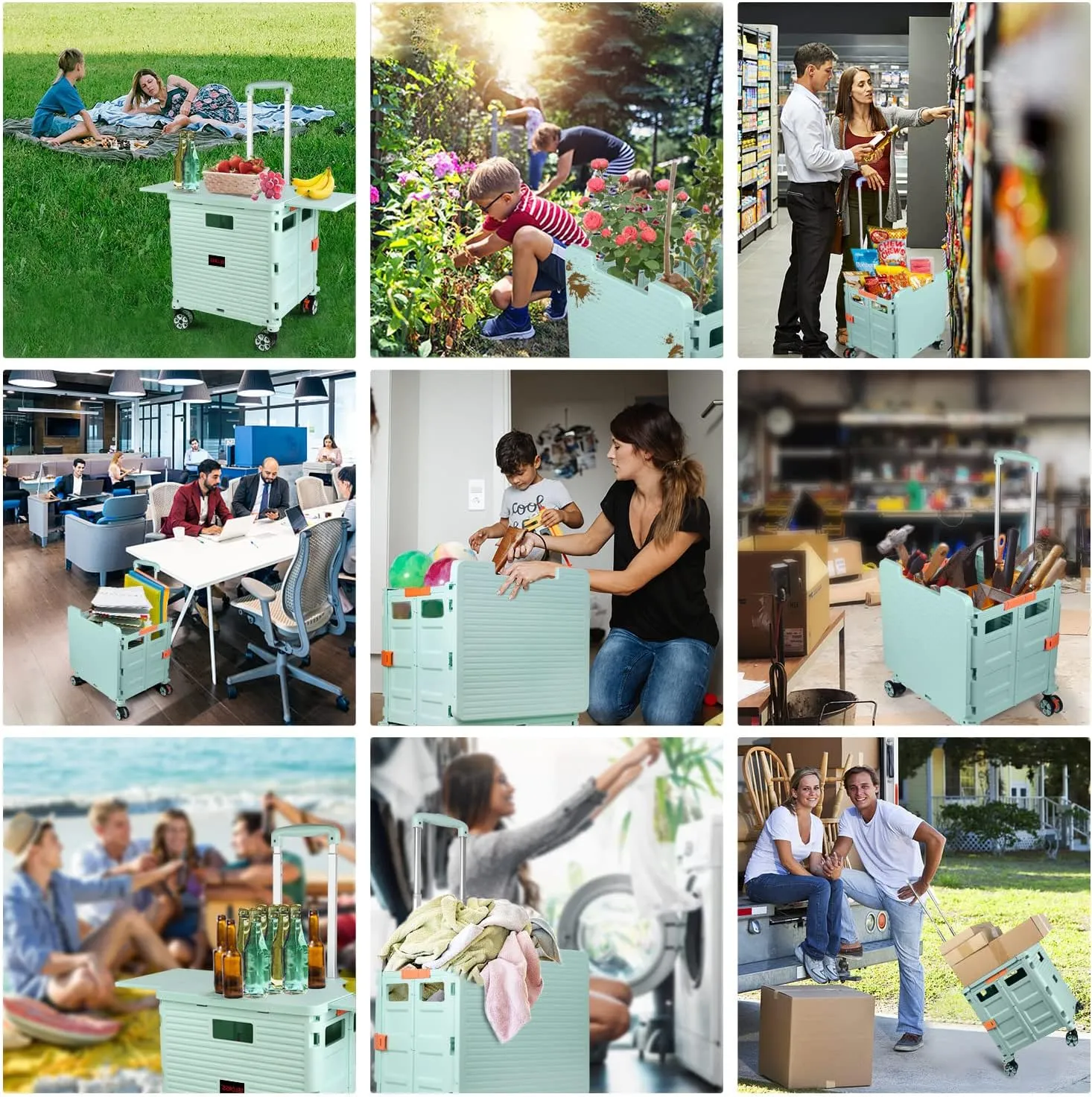 Foldable Utility Cart Collapsible Portable Crate Rolling Carts with Wheels Tote Basket with Magnetic Lid Telescopic Cover Wear-Resistant 360°Rotate Wheel Noiseless for Shopping Storage Office Use
