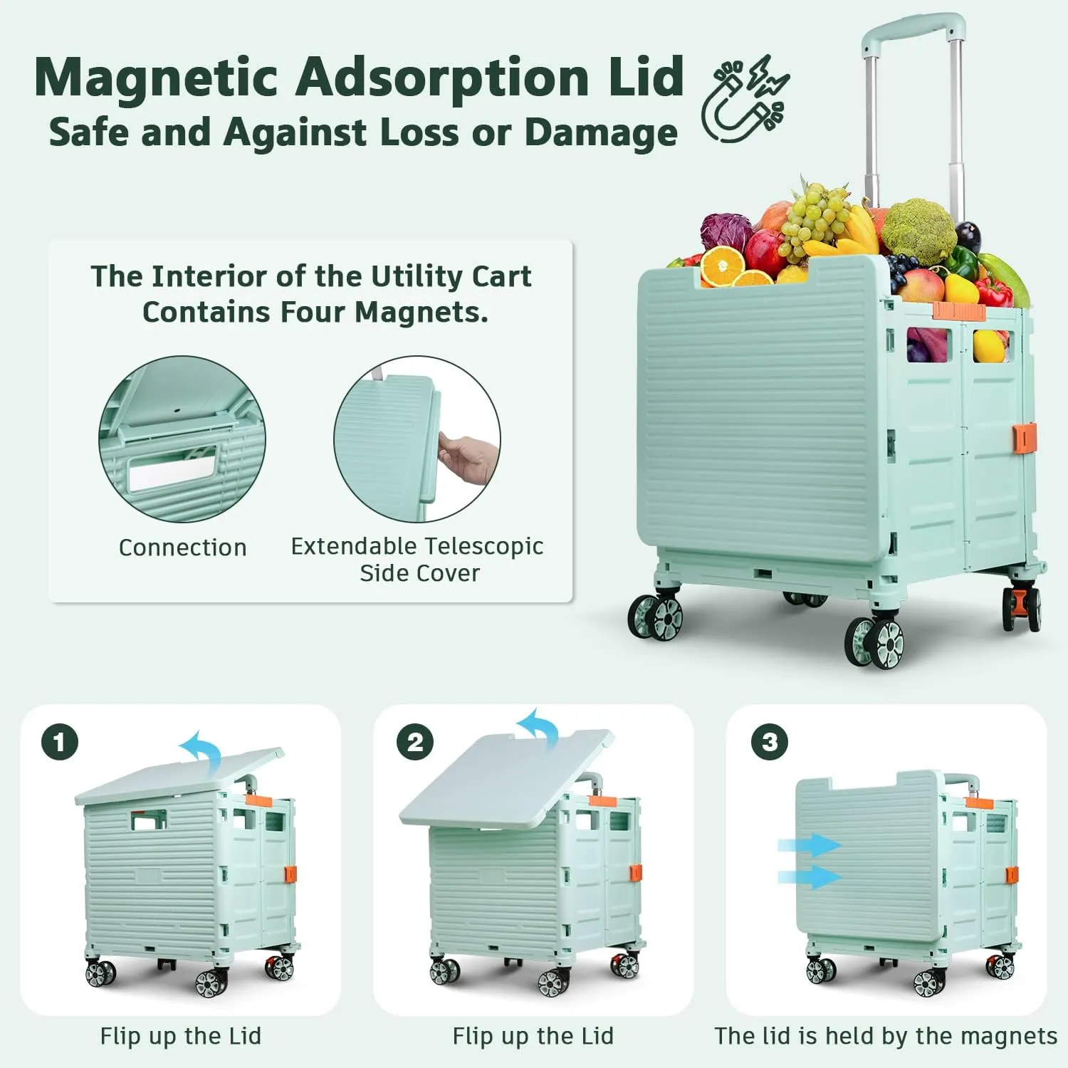 Foldable Utility Cart Collapsible Portable Crate Rolling Carts with Wheels Tote Basket with Magnetic Lid Telescopic Cover Wear-Resistant 360°Rotate Wheel Noiseless for Shopping Storage Office Use