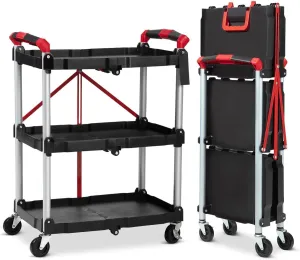 Foldable Utility Carts, 3-Tier Holds Folding Rolling Cart with Lockable Universal Wheels, Pack-N-Roll Collapsible Service Cart with Fixed Rope for Home Garage Warehouse Black
