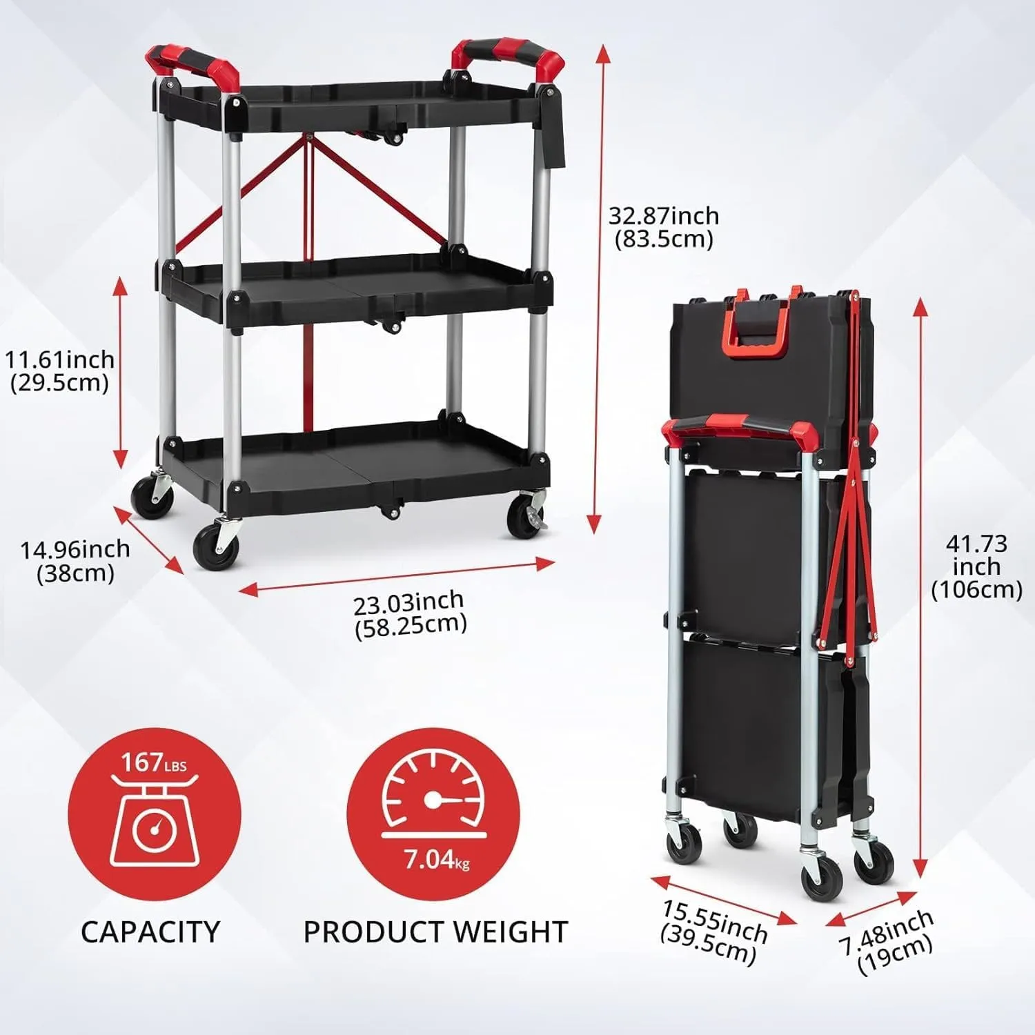Foldable Utility Carts, 3-Tier Holds Folding Rolling Cart with Lockable Universal Wheels, Pack-N-Roll Collapsible Service Cart with Fixed Rope for Home Garage Warehouse Black