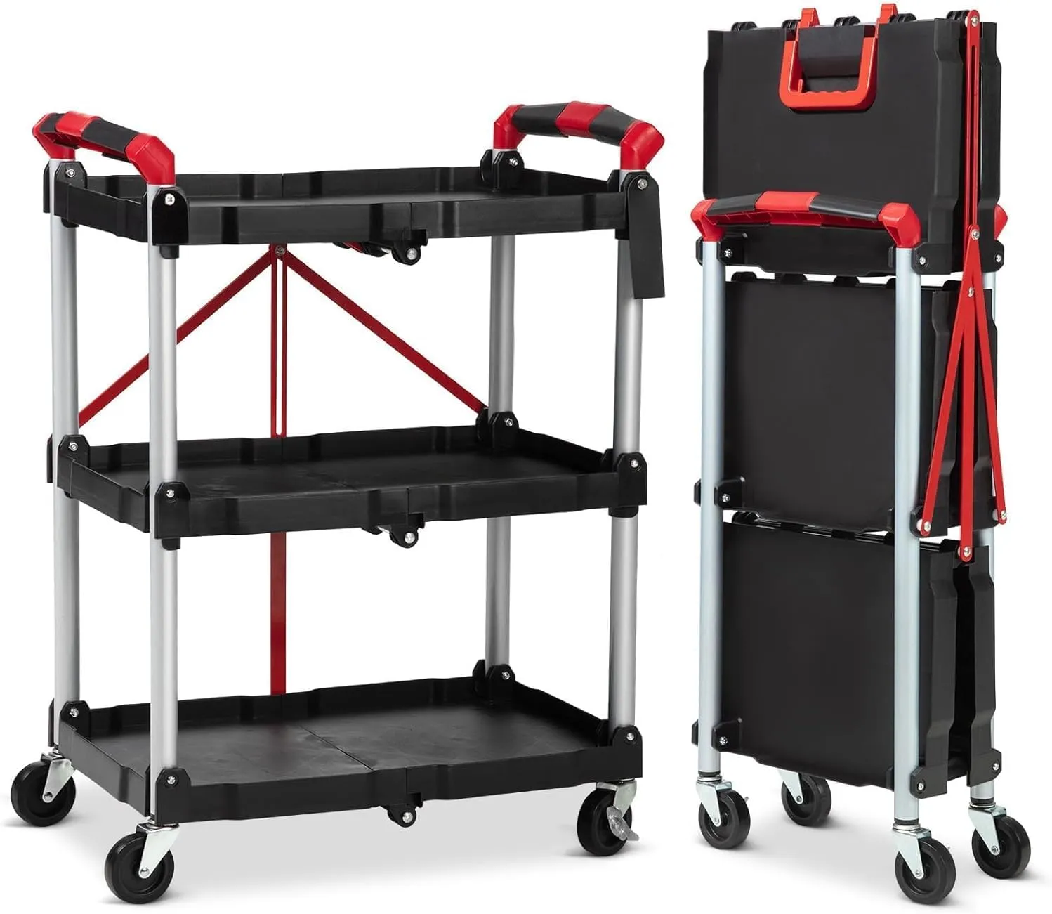 Foldable Utility Carts, 3-Tier Holds Folding Rolling Cart with Lockable Universal Wheels, Pack-N-Roll Collapsible Service Cart with Fixed Rope for Home Garage Warehouse Black