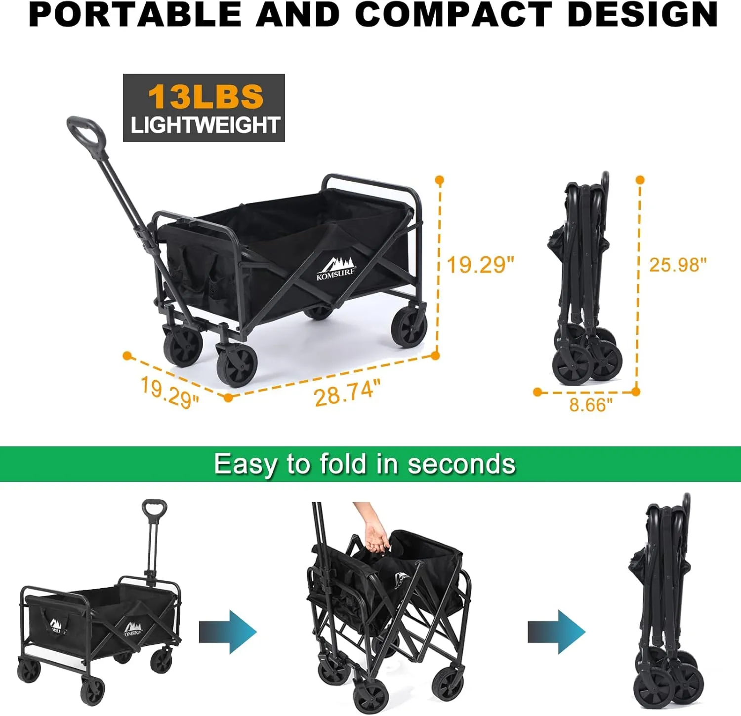 Foldable Utility Wagons Heavy Duty Folding Grocery Cart on Wheels, 200 lbs Capacity with Side Pockets for Garden, Shopping, Sporting and Beach Outdoor Use