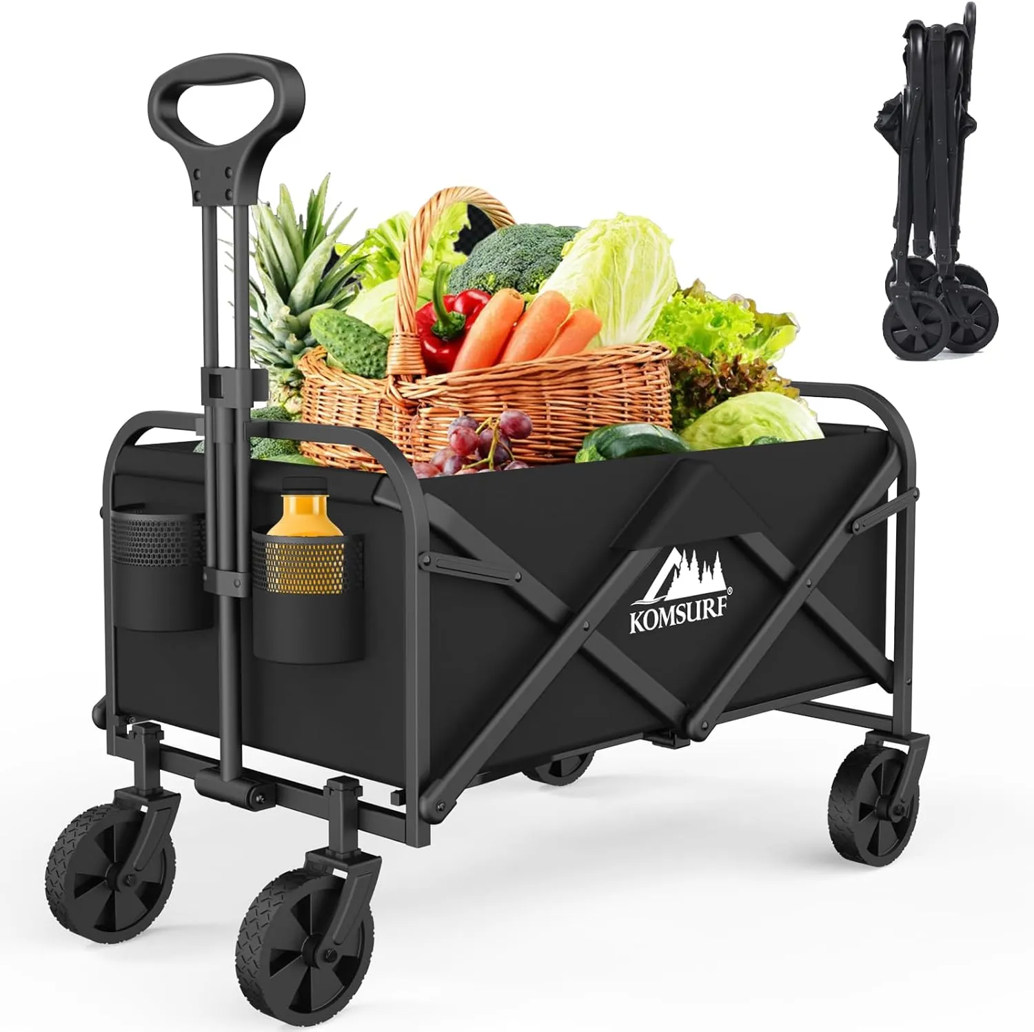 Foldable Utility Wagons Heavy Duty Folding Grocery Cart on Wheels, 200 lbs Capacity with Side Pockets for Garden, Shopping, Sporting and Beach Outdoor Use