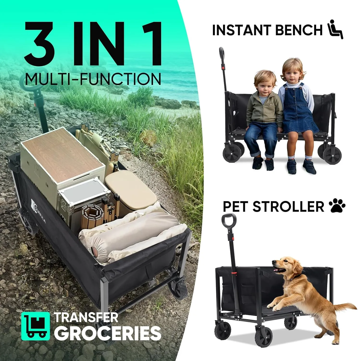 Foldable Wagon Cart 160L- 3 in 1 Collapsible Wagon Cart with Wheels, 2 Cup Holders, for Groceries, Camping, Shopping, Garden, Pet Riding-1 Year Warranty