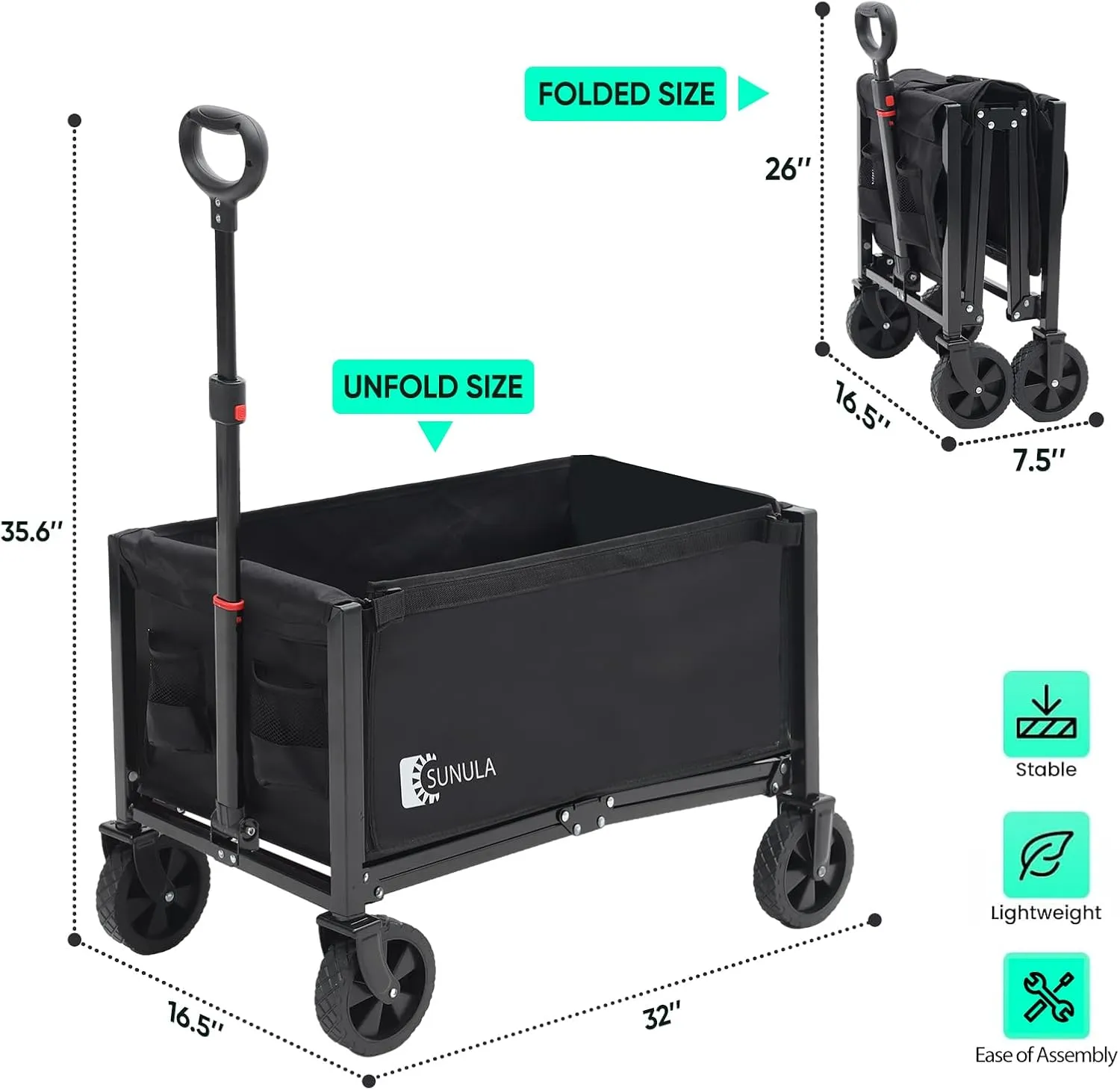 Foldable Wagon Cart 160L- 3 in 1 Collapsible Wagon Cart with Wheels, 2 Cup Holders, for Groceries, Camping, Shopping, Garden, Pet Riding-1 Year Warranty