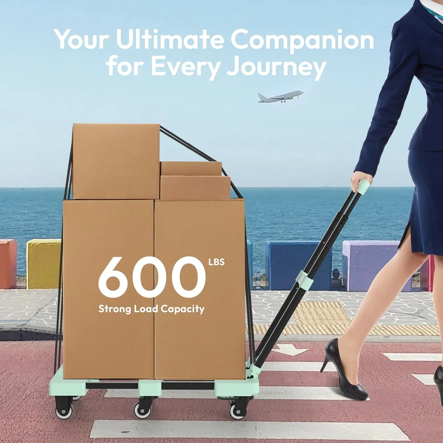 Folding Hand Truck 600lbs Heavy Duty Portable - 6 Wheels Collapsible Design with 2 Elastic Ropes, Lightweight 6.5lbs for Travel, Moving & Storage