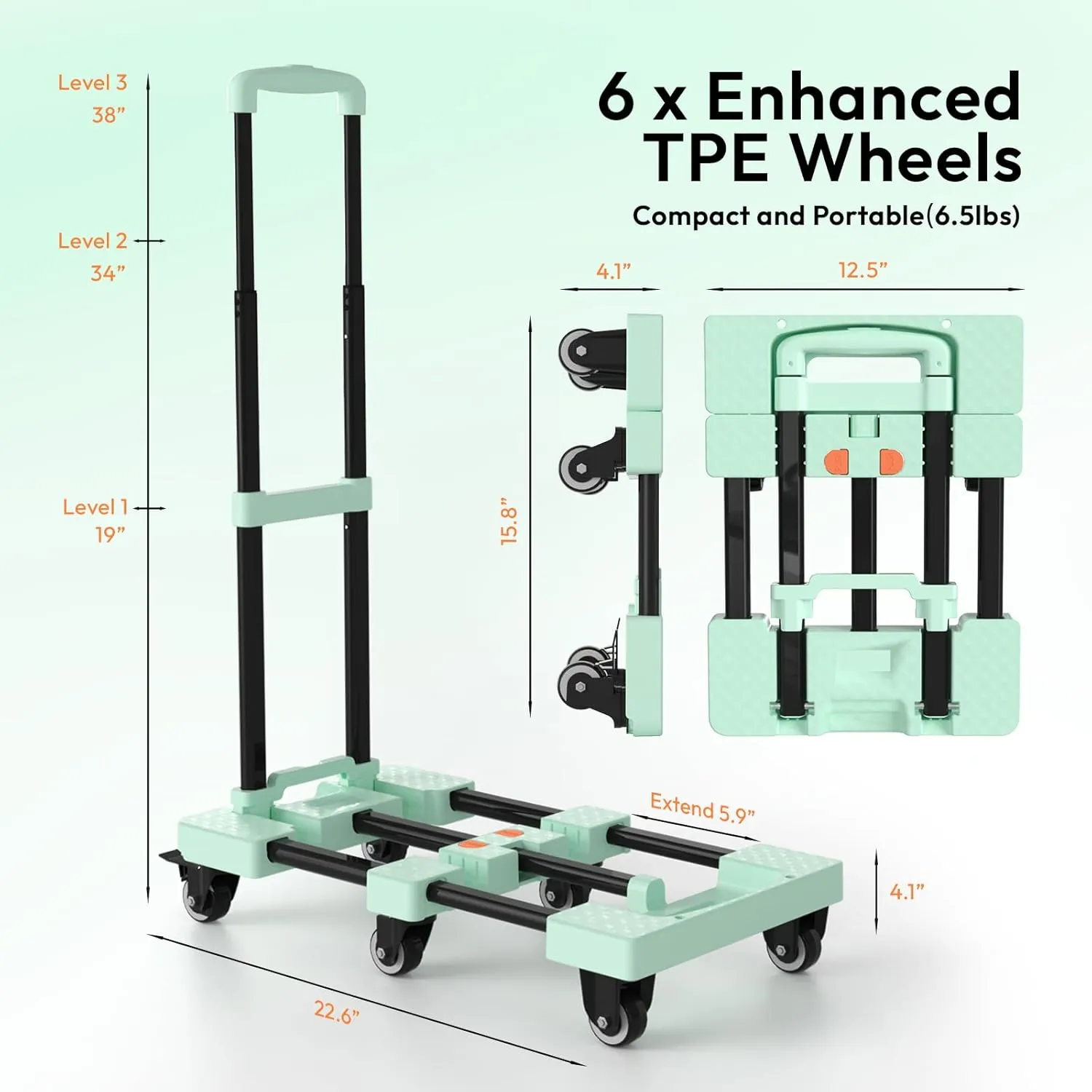 Folding Hand Truck 600lbs Heavy Duty Portable - 6 Wheels Collapsible Design with 2 Elastic Ropes, Lightweight 6.5lbs for Travel, Moving & Storage