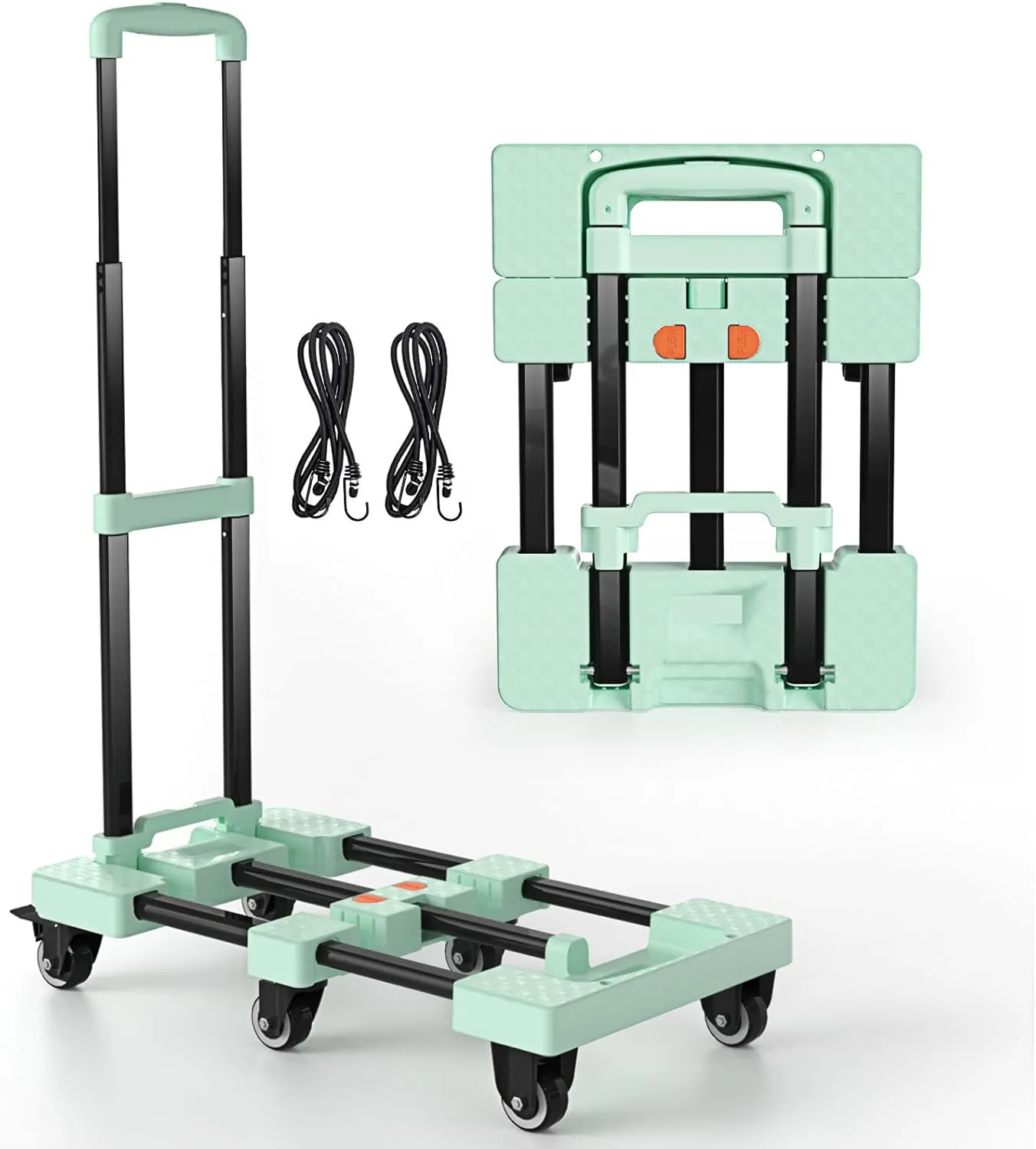 Folding Hand Truck 600lbs Heavy Duty Portable - 6 Wheels Collapsible Design with 2 Elastic Ropes, Lightweight 6.5lbs for Travel, Moving & Storage