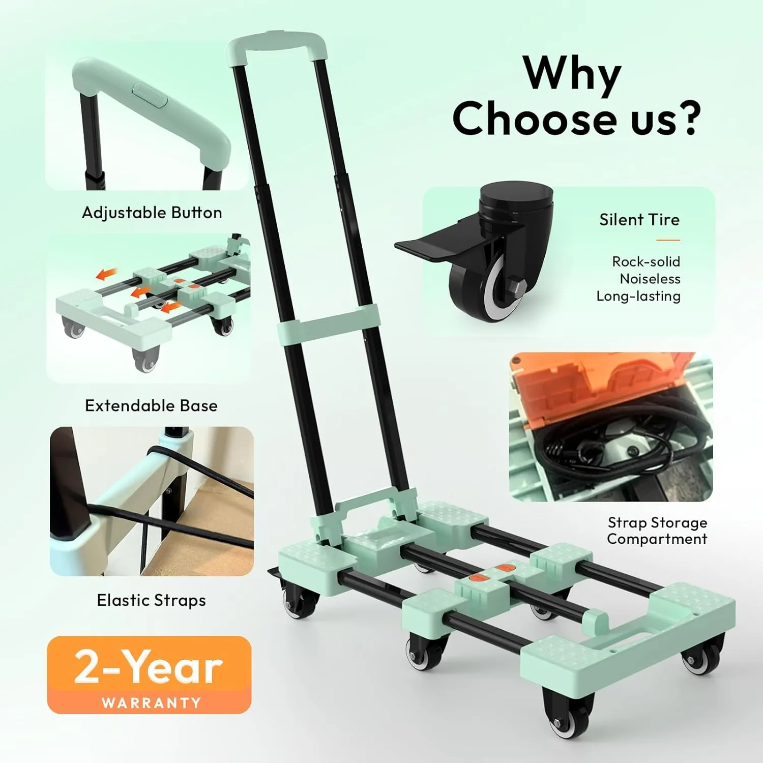 Folding Hand Truck 600lbs Heavy Duty Portable - 6 Wheels Collapsible Design with 2 Elastic Ropes, Lightweight 6.5lbs for Travel, Moving & Storage