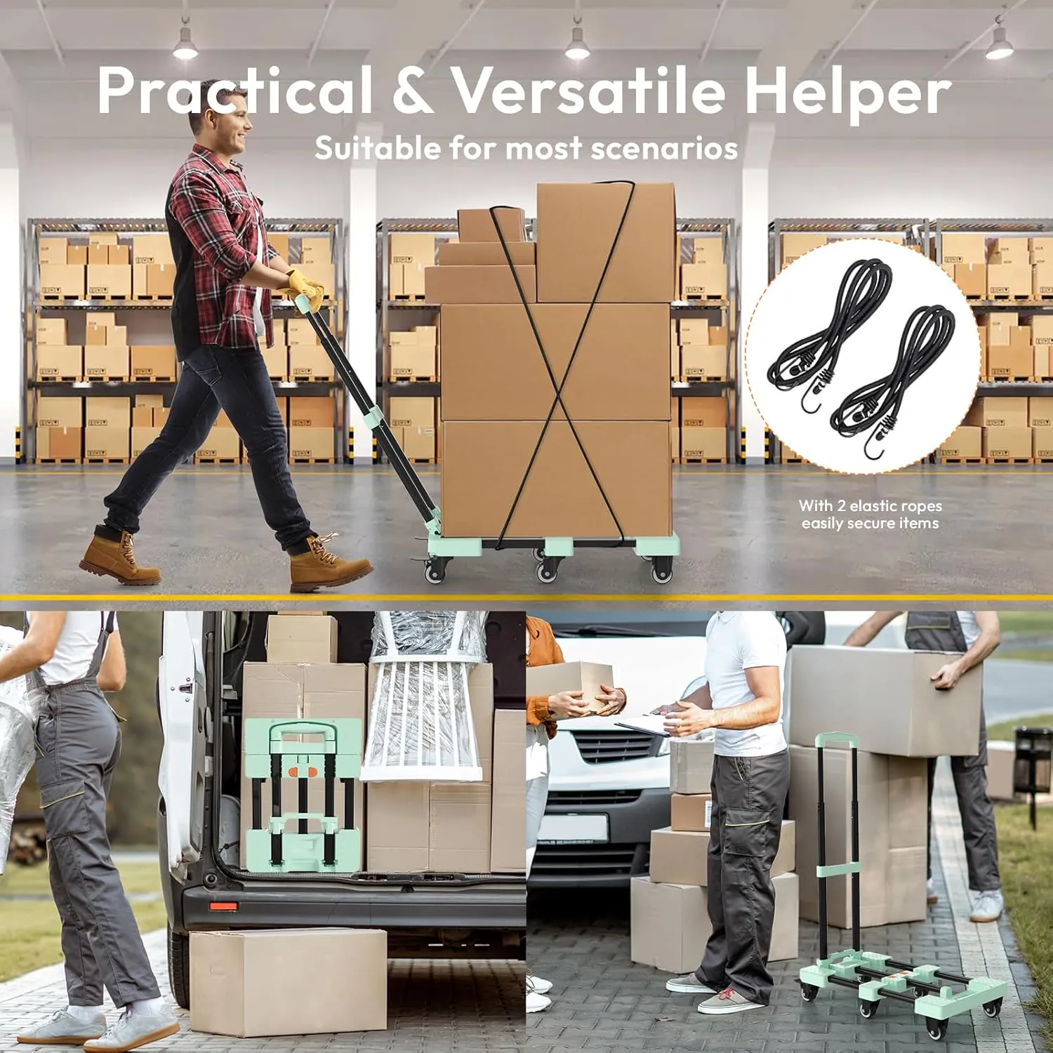 Folding Hand Truck 600lbs Heavy Duty Portable - 6 Wheels Collapsible Design with 2 Elastic Ropes, Lightweight 6.5lbs for Travel, Moving & Storage