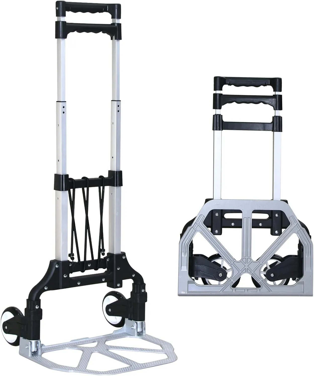 Folding Hand Truck Dolly Cart，Aluminum Portable Hand Cart for Daily handling Work，180lbs, with Silent Wheel，Telescoping Handle，Black Bungee Cord, Can Stand Alone，Light Weight